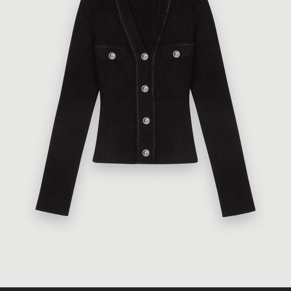 Maje Black Ribbed Cardigan with Silver Buttons - Picture 3 of 15